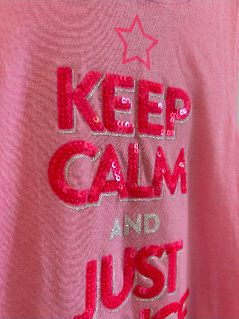 Pink Sleeveless Hooded Tank with Metallic Logo “Keep Calm and Just Dance” Size 7